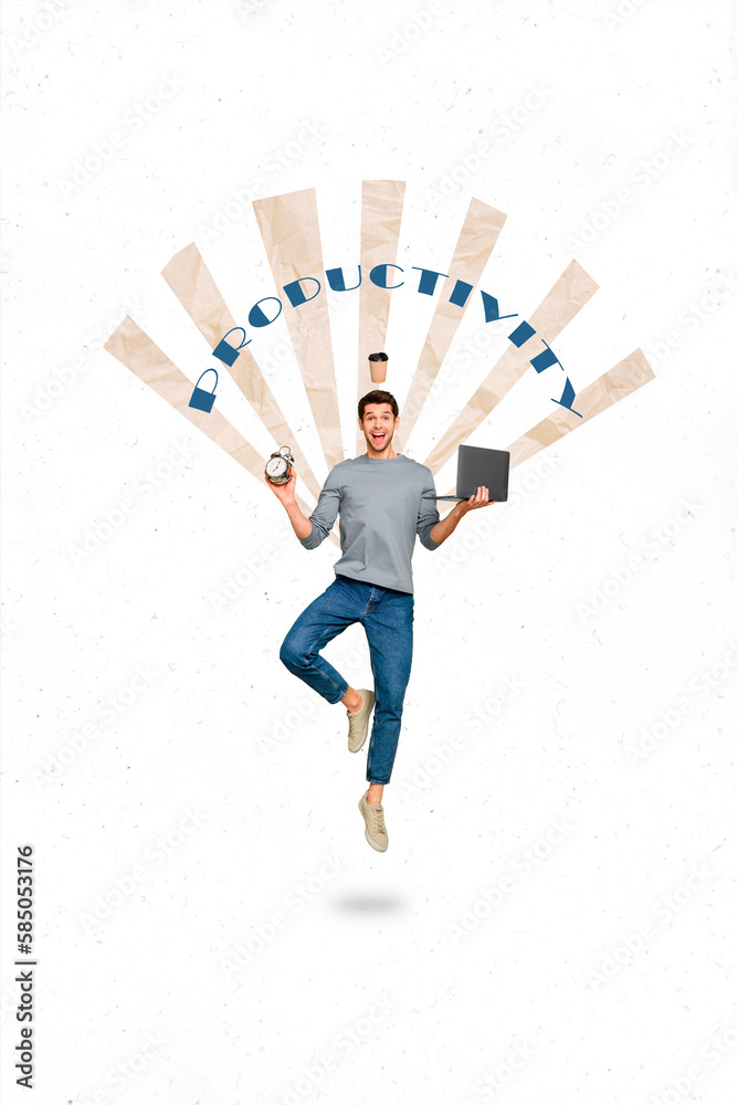 Poster vertical photo collage of funny worker guy manage time productivity efficiency deal every all tasks 