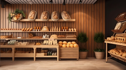 Obraz na płótnie Canvas eco-friendly vegan grocery, bakery store with wooden wall, parquet floor, variety of bread, bun, snack on shelf for healthy shopping lifestyle, interior design decoration background