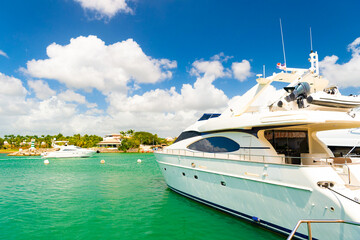 Fototapeta premium terrific summer yacht in harbour. photo of summer harbour with yacht docked.