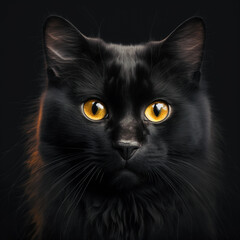 Portrait of beautiful black cat posing to camera in front of black background. Generative AI of a black cat.