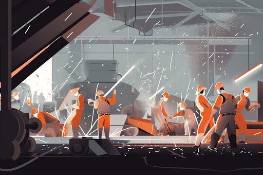 illustration of workers in safety gear operating heavy machinery in a busy manufacturing plant with sparks, steel, orange-gray theme. generative ai