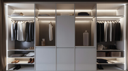 frontal view, built in white wardrobe unit, LED backlight, folded clothes, hanging clothes, display for sneakers, minimalist style