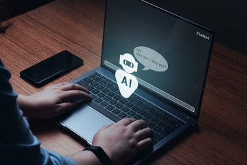 Woman entering commands prompts to an AI. Chat concept AI. Artificial Intelligence. Futuristic...