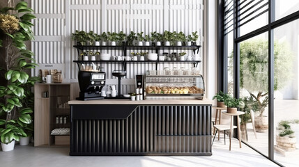 Modern, luxury design cafe, corrugated counter with espresso machine, cake display fridge, cabinet, shelf and plants in sunlight from window on white wainscot wall Created with generative AI tools