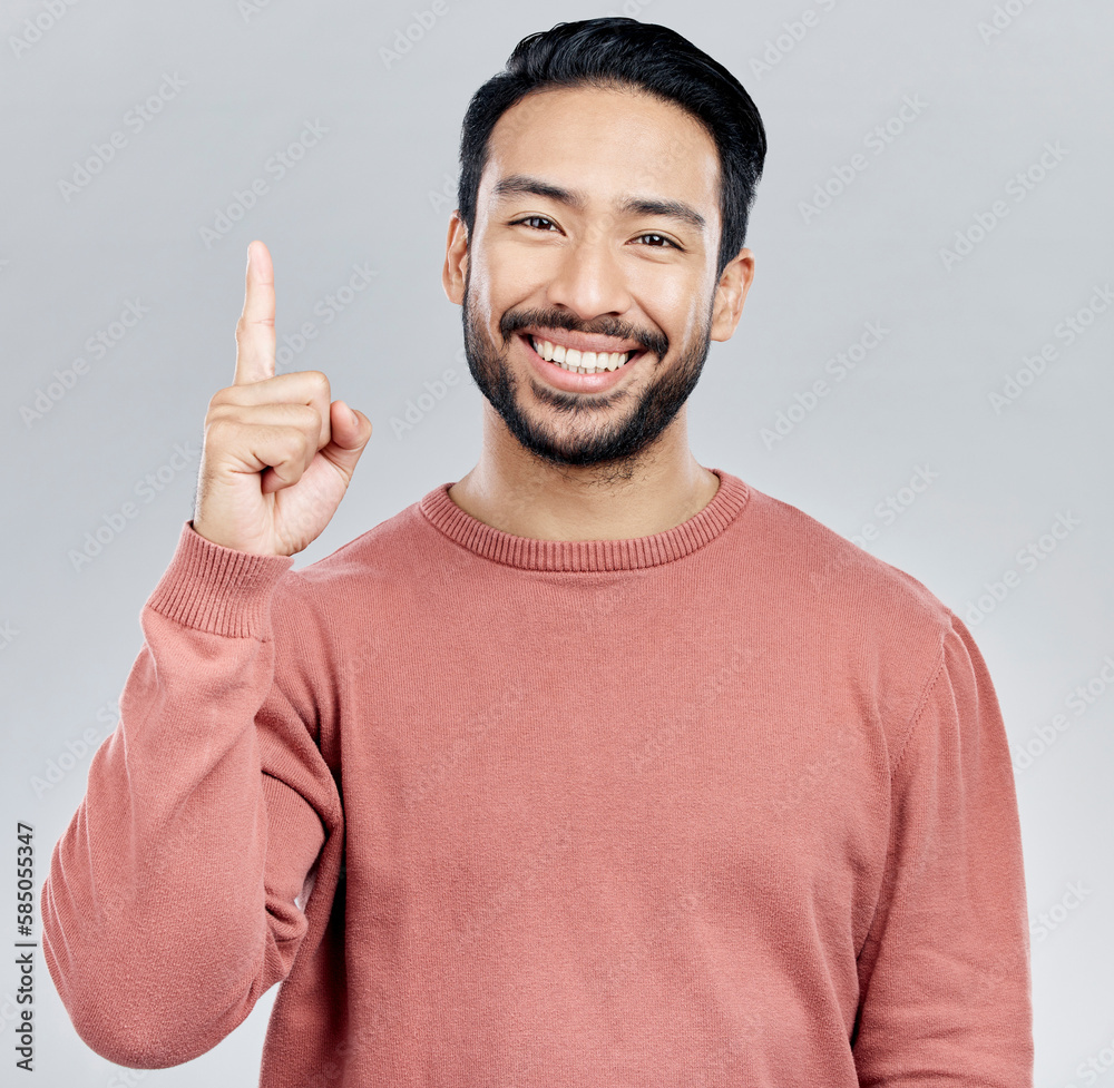 Poster smile, space and portrait of indian man pointing up, mockup and product placement isolated on white 
