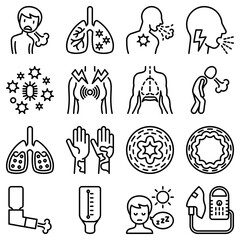 Asthma thin line icons set: allergen, dyspnea, cough, wheezing, chest pain, diaphragm, asthma attack, hives, sputum, peak flow meter, inhaler, nebulizer. Modern vector illustration.