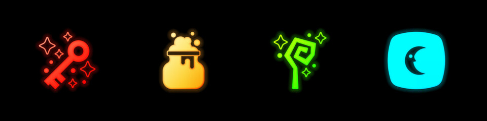 Set Old magic key, Witch cauldron, Magic staff and Moon and stars icon. Vector