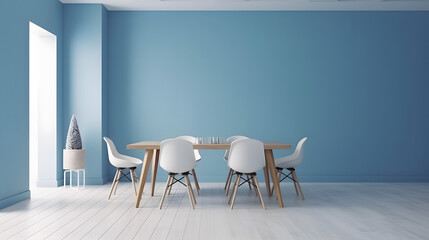 Modern interior design of apartment, empty living room with blank blue wall, dining room with table and chairs