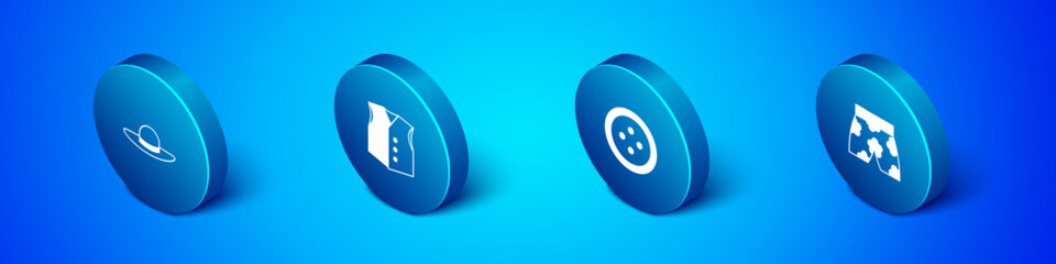 Set Isometric Elegant women hat, Sewing button for clothes, Swimming trunks and Waistcoat icon. Vector
