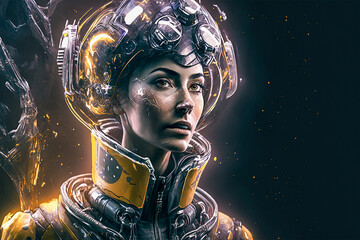 Obraz na płótnie Canvas Woman In Space. Generative AI. A digital painting of a biomechanical woman wearing a spacesuit.