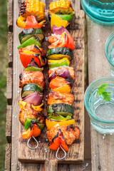 Healthy and hot grilled skewers made of vegetables and meat.