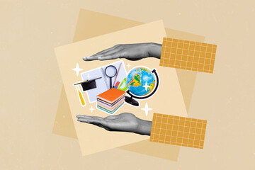 Intelligence concept collage image hands protecting school supplies love to study get knowledge back school creative background