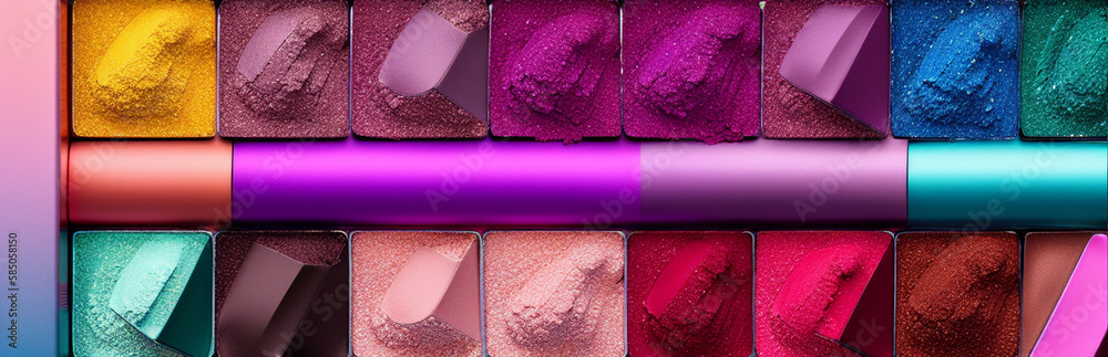 Wall mural illustration of an array of colorful eyeshadows in a makeup palette created with generative ai techn