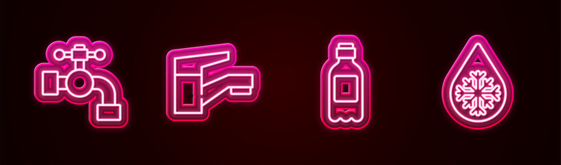 Set line Water tap, , Bottle of water and Defrosting. Glowing neon icon. Vector