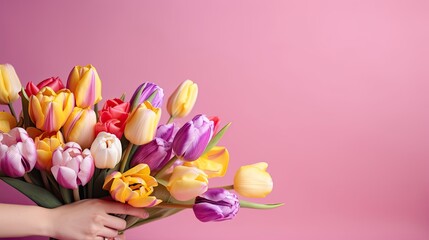A Blossoming Garden of Tulips: Pink, Yellow, and Purple on a Pink Background - Perfect for a Social Media Banner. Generative AI