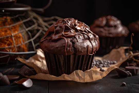 Delicious Chocolate Muffin Topped with Creamy Frosting - Perfect Birthday or Any Day Treat, Generative AI
