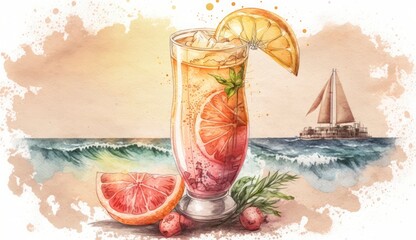 grapefruit summer cocktail on sea, watercolor style illustration, Generative Ai