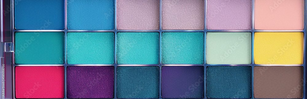 Wall mural illustration of an array of colorful eyeshadows in a makeup palette created with generative ai techn