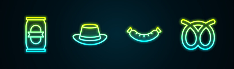 Set line Beer can, Oktoberfest hat, Sausage and Pretzel. Glowing neon icon. Vector