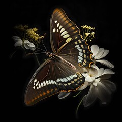 Fototapeta na wymiar A beautiful butterfly with the flower on the black background