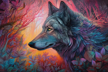 watercolor illustration of a wolf in neon colors, beautiful art, Generative AI - obrazy, fototapety, plakaty