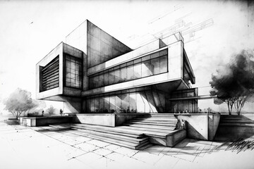Architecture pencil sketch building drawing. Beautiful house or office construction. Architectural paper sketching. Ai generated