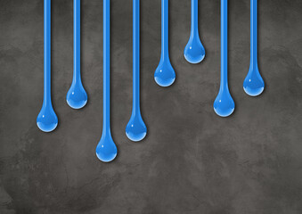 Blue ink drops on dark concrete wall. Horizontal wallpaper