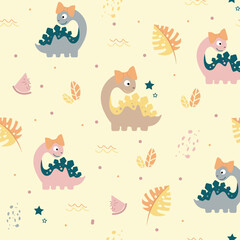 Doodle dino pattern print. Cartoon dino nursery wallpaper. Cute dinosaur seamless pattern. Dinosaur an tropical plants background. Hand drawn vector dinosaurs with background view.