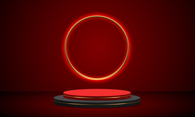 Realistic luxury red black circle podium steps gold line soft light curves vector