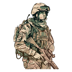 Military infantry. Cartoon soldier isolated drawing. Vector art of army combat force. Man in uniform going to war. Patriotic soldier fighting for freedom. Infantry hero veteran. Graphic art unit.