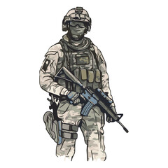 Military infantry. Cartoon soldier isolated drawing. Vector art of army combat force. Man in uniform going to war. Patriotic soldier fighting for freedom. Infantry hero veteran. Graphic art unit.