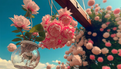 spring,super real a few pink flowers hanging on the shelf,looked up,pink and white petals,the blue sky,camera,high-definition,super details,it is absolutely true,hd
