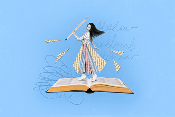 Creative surreal collage of positive geek young lady dancing on open book page holding pencil...