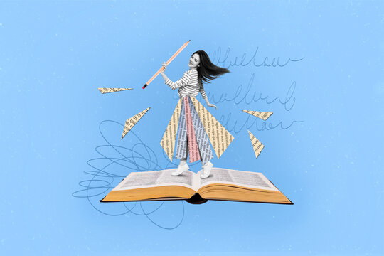 Creative surreal collage of positive geek young lady dancing on open book page holding pencil prepare academic courses lecture