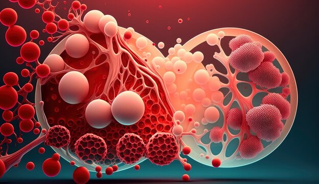 3d rendering of Human cell or Embryonic stem cell, Red Cancer cells, Red virus, Virus or bacteria cells, Human Cancer Cell, 3d illustration of T cells or cancer cells, Generate Ai