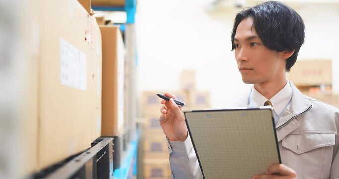 作業服を着て倉庫で在庫管理をする若いビジネスマン