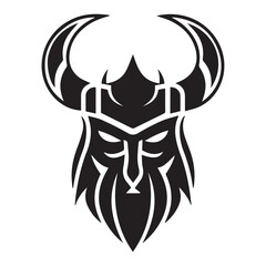 Viking head. Scandinavian fighter. Man with helmet and beard. Vector icon of strong nordic warrior. Powerful angry and strong fighter. Tattoo design of odin soldier. Minimal clean modern company logo