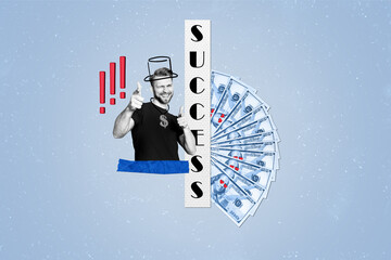 Creative banner poster collage of successful young guy win lottery hundred usd banknote dollars...