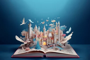 Keuken foto achterwand Fantasie landschap Open book with a fantasy world popping out. World book day. Generative AI.