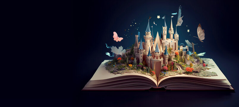 Banner of an open book with a fantasy world popping out. World book day. Generative AI.