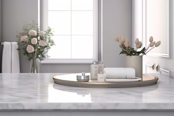 Elegant Bathroom Interior with Product Display and Copy Space - Generative AI
