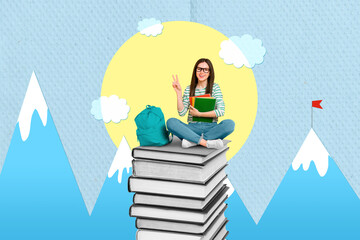 Surreal banner poster collage of smart intelligent high school girl sitting book stack achieve attain best knowledge wisdom