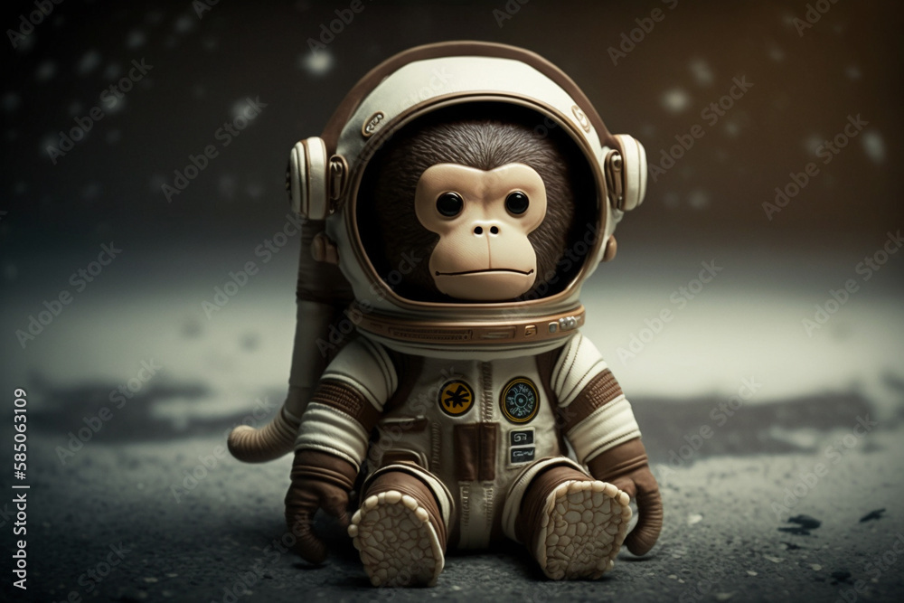 Wall mural cosmonaut or astronaut monkey toy in a spacesuit concept. space and science exploration funny pet an