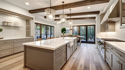 Traditional kitchen in beautiful new luxury home with hardwood floors, wood beams, and large island quartz counters. Includes farmhouse sink, elegant pendant lights, and large windows. - obrazy, fototapety, plakaty