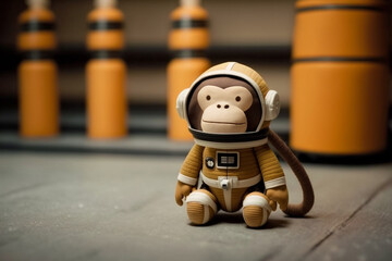 Cosmonaut or astronaut monkey toy in a spacesuit concept. Space and science exploration funny pet animal symbol. Ai generated