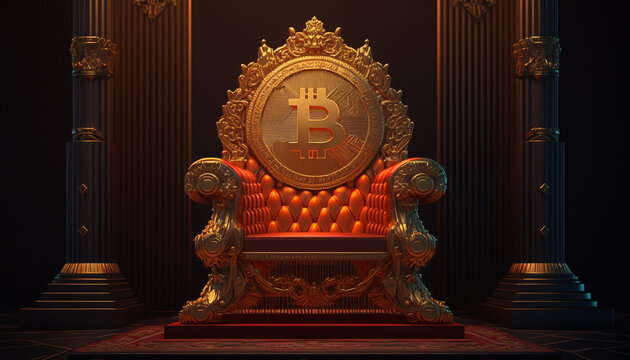 Gold and red kings throne with a gold bitcoin gravering 