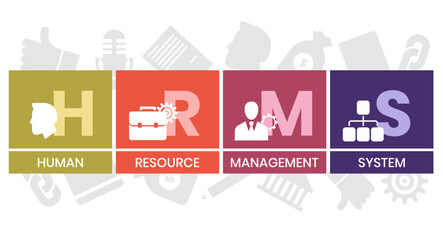 HRMS - Human Resource Management System acronym. business concept background. vector illustration concept with keywords and icons. lettering illustration with icons for web banner, flyer - obrazy, fototapety, plakaty