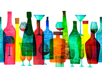 Wine composition with bottles and glasses. Watercolor illustration. Seamless ribbon border.