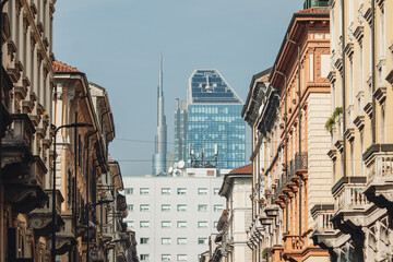 Milano, Italy - March 2023: modern and old architecture in the city