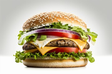 Hamburger, bœuf, salade, tomate, oignons, sauce, fromage cheddar, illustration culinaire  IA générative 1
